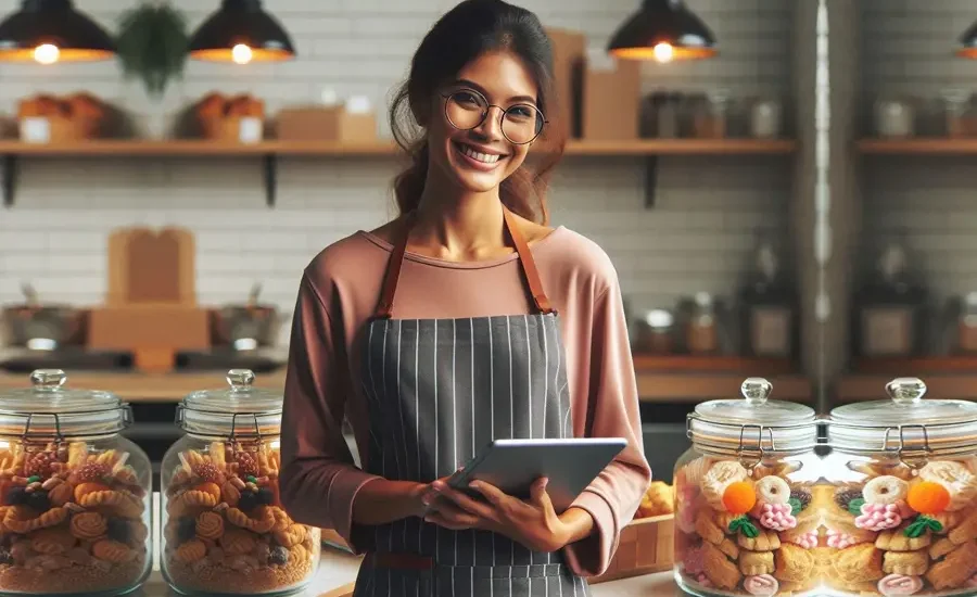 Ilustrasi perempuan pengusaha kue kering (foto: generative AI/bing)